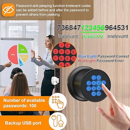 Digital Door Knob,Keyless Entry Door Knob,Smart Knob Unlock by Passcode/USB Backup,Exterior Door Lock with Keypad,Security Door Lock Electronic Door Knob for Home Office Bedroom Hotel Apartment,Black