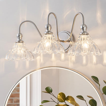 BrkNit Vintage Bathroom Light Fixtures Over Mirror, 3-Light Brushed Nickel Wall Sconce Lighting with Flower Glass Shade, Farmhouse Vanity Lights for Bedroom Kitchen Living Room Hallway Light