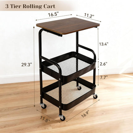 PRENSYA 3 Tier Rolling Storage Cart with Wooden Tabletop, Heavy Duty Metal Utility Trolley with Lockable 360° Wheels, Mobile Organizer for Kitchen, Bathroom, Office, Laundry, Bedroom, Study Room Black