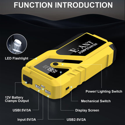 Car Battery Jump Starter 3000A Peak, 12V Jump Starter Battery Pack for Up to 8L Gas/5L Diesel, Battery Booster Jump Box, Power Bank USB QC3.0 Outputs Portable Charger, Jumper Cables LED Light Yellow