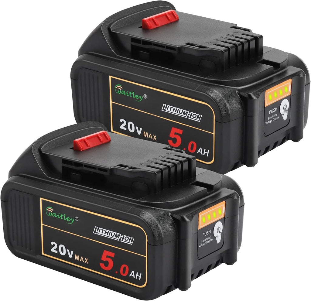2 Pack Waitley 20V 5.0Ah Replacement Battery Compatible with Dewalt DCB200 DCB203 DCB204 DCD780 DCD785 DCD795 DCF885 DCF895 DCS380 DCS391 Li-ion Battery Tools