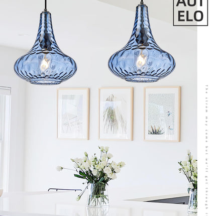 AUTELO Blue Pendant Lights Kitchen Island, 10" Hammered Glass Pendant Lights, Modern Pendant Light Fixtures in Matte Black Finish, Hanging Lamp for Dining Room, Kitchen Sink, H9164 BU
