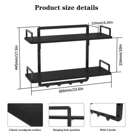 BEAUTME Floating Shelves, 24 Inch 2 Tier Kitchen Shelves Wall Mounted with 4 Hooks, Hanging Wall Shelf for Living Room, Coffee Bar, Bedroom, Bathroom