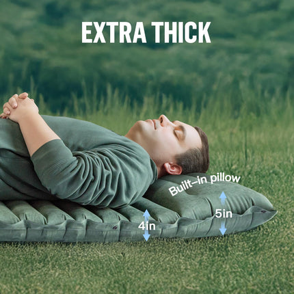 Night Cat Ultralight Inflatable Sleeping Mat Pad with Built-in Pillow & Foot Pump, GREEN