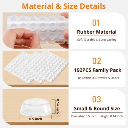 CHUNZEXI 192 PCS Clear Cabinet Door Bumpers, 1/2 Inch Round Rubber Pads