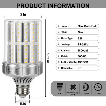 HT PETTER Corn Bulb, 30W E26 Base LED Light Bulb, 3800 Lumens, Equivalent to 250W-300W Incandescent Light Bulbs, Edison Screw-in Bulb,Not Dimmable, No Flicker, 2 Pack (Silver, 3000K Warm White)