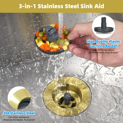Hibbent 2 Pack Stainless Steel 3-in-1 Sink Drain Strainer and Stopper Combo, Metal Pop Up, 3 Anti-Clogging with Handle 3-1/2" Drain, Brushed Gold