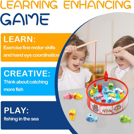 Montessori Toys for 3 + Year Old, Magnetic Fishing Game Toy for Toddlers, Stacking Fine Motor Skills Toys for Kids Preschool Learning, 3 in 1 Wooden Toys T104