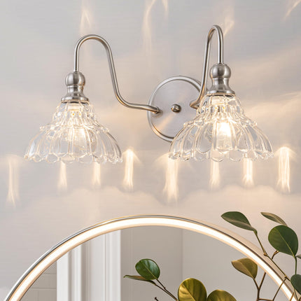 BrkNit Vintage Farmhouse Vanity Over Mirror, 2-Light Brushed Nickel Wall Sconce Lighting with Flower Glass Shade For Bedroom Kitchen Living Room Hallway Light