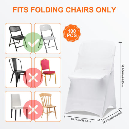 RhymBar 100-Pieces Universal Fitted Polyester White Folding Chair Stretch Seat Covers for Party, Spandex Chair Covers for Wedding, Parties & Banquet