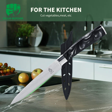 FULLHI 5" Multicolor Japanese Utility Stainless Steel Paring Knife with Sheath Guard, Black Resin
