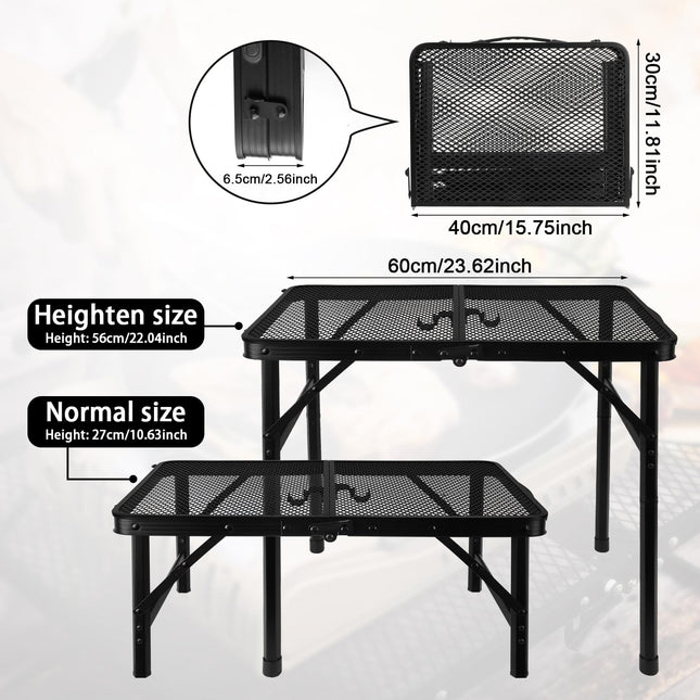 NQEUEPN Folding 2ft Metal Collapsible Camping Table Grill Table Height Adjustable Lightweight & Portable Grill Stand Table with Mesh Desktop for Outdoor Picnic BBQ Camping Beach RV