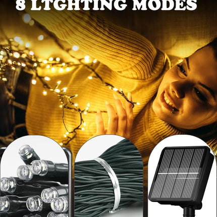 Pipiruew Outdoor 2 Pack 66FT 200 LED Solar Powered IP65 Waterproof with 8 Lighting Modes Fairy Lights, Warm White