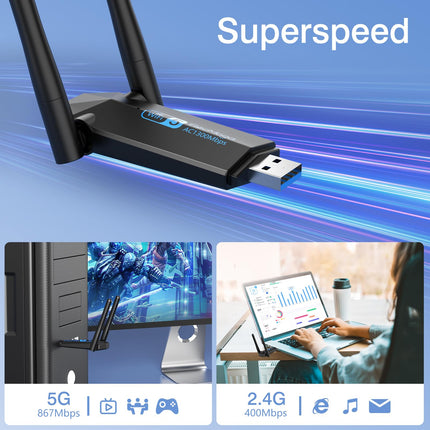 ElecMoga USB 1300Mbps WiFi Dongle USB 3.0 Dual Band 5G/2.4G Wireless Network Adapter for Desktop Laptop PC, Dual 5dBi Antennas, Supports Windows 11/10/8.1/8/7, Mac OS 10.9-10.15