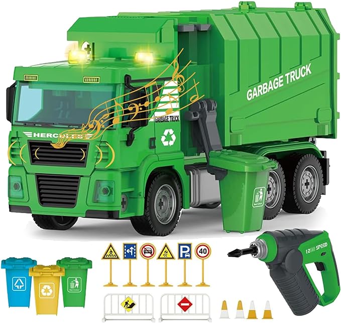 Garbage Truck Toy with Light and Sound, DIY Engineering Vehicle Construction Toys with Assembly Drill Electric Screwdriver Birthday Gift T56