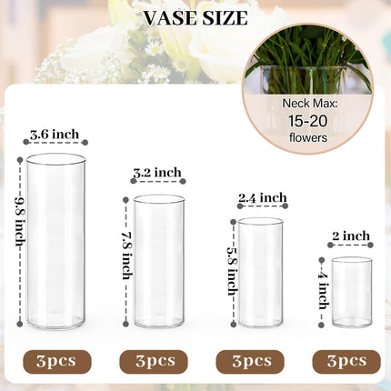 UPBUD 12PC Clear Cylinder Vases for Centerpieces | 4, 6, 8,10 Inch Tall Flower Vase for Wedding Decorations, Clear Floating Candle Vases in Bulk, Hurricane Candle Holders for Table, Home Décor