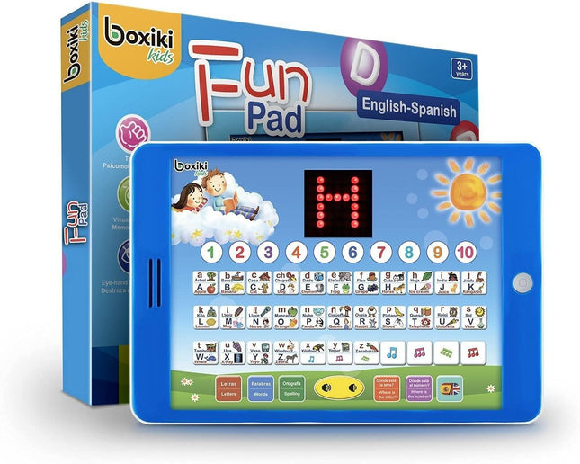 English and Spanish Bilingual Learning Tablet Toy with Small LED Screen by Boxiki Kids | ABC, Animals, Fruit and Other Words | Learning Toys for 3 Year olds and Above