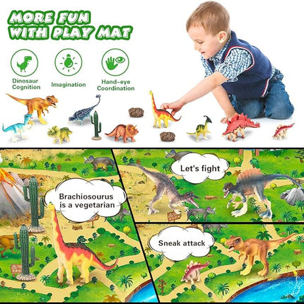 Dinosaur Toys with Activity Play Mat Realistic Dinosaur Figures to Create a Dino World Including T-Rex, Triceratops Dinosaur Playset with Carrying Bag Party Gifts T25