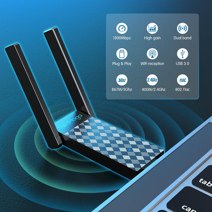 ElecMoga 1300Mbps WiFi Adapter 3.0 USB WiFi 5dBi Dual Band 2.4GHz/5GHz Wireless Adapter for PC/Desktop/Tablet/Laptop, Support Windows 7/10/11