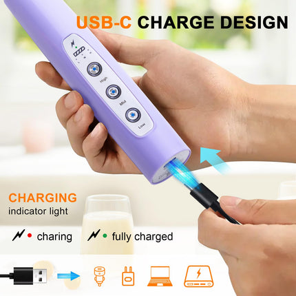 YUSWKO Handheld Milk Frother Wand for Coffee, Rechargeable Electric Whisk with 3 Heads 3 Speeds Drink Mixer Coffee Frother for Latte, Cappuccino, Hot Chocolate, Egg