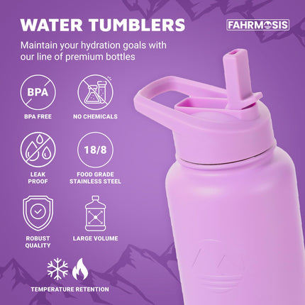 FAHRMOSIS 24oz Insulated Stainless Steel Water Bottle with Straw Includes 3 Lids, LAVENDER