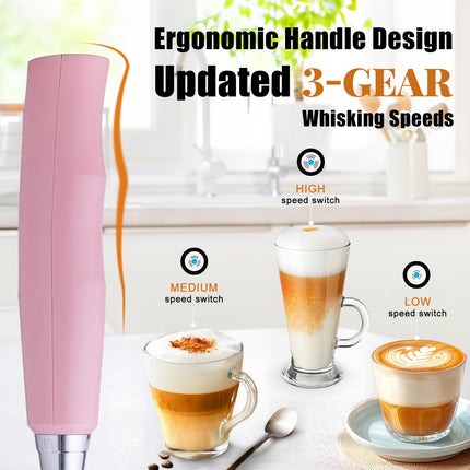 Nahida Handheld Milk Frother for Coffee, Rechargeable Electric Whisk with 3 Heads 3 Speeds Drink Mixer Foam Maker for Latte, Cappuccino, Hot Chocolate, Egg