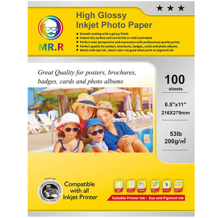 MR.R High Glossy Inkjet Photo Paper,Letter Size 8.5"x11", Letter x 100 Sheets per Pack, 200gsm for All Inkjet Printers Dye Ink 216x279mm