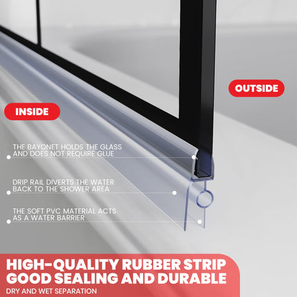 Shower Door Bottom Seal Strips 2PCS, 36 Inch Long Ultra Clear Vinyl Seal Strips With Sweep For 1/2"(12mm) Thick Frameless Glass Door, To Stop Water Leak