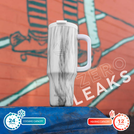 FAHRMOSIS 40oz Leakproof Hot n Cold Insulated Tumbler with Handle and Straw, WHITE MARBLE