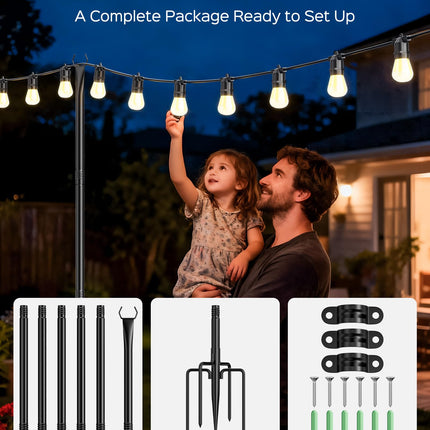 JACKYLED 4 Pack 10Ft String Light Poles,Light Poles for Outdoors with Fence Brackets,Outdoor Light Poles for Hanging String Lights,Metal Poles Stand for Deck Patio Backyard