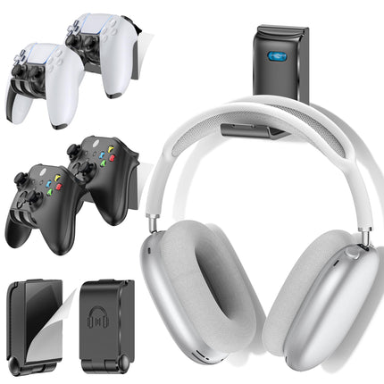 Kytok Wall Mount Holder for 4 Remotes & Foldable Headset Stand, Universal Wall-Friendly Game Controller Holder Hanger Hook for Xbox, PS5/4, Nintendo, Black