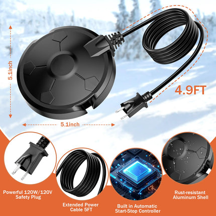 Daoeny Outdoor Full-Covered Aluminum Pond Deicer 120W Birdbath Water Heater Thermostatically Control for Patio Yard Farm