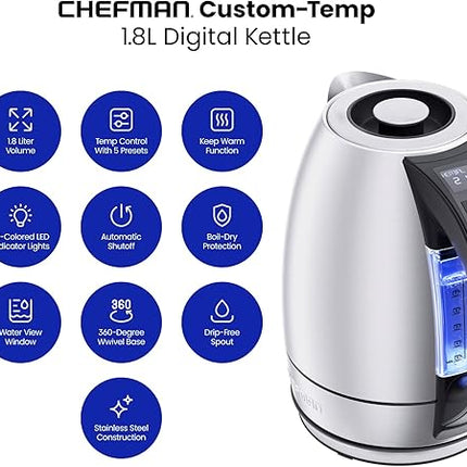 Chefman Electric Tea Kettle, 1.8 Liter Hot Water Electric Kettle Temperature Control Water Boiler with 5 Presets, Tri-Colored LED Lights, Keep Warm, Automatic Shutoff, Stainless Steel Glass
