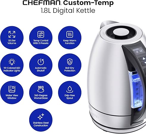 Chefman Electric Tea Kettle, 1.8 Liter Hot Water Electric Kettle Temperature Control Water Boiler with 5 Presets, Tri-Colored LED Lights, Keep Warm, Automatic Shutoff, Stainless Steel Glass