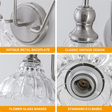 BrkNit Vintage Bathroom Light Fixtures Over Mirror, 3-Light Brushed Nickel Wall Sconce Lighting with Flower Glass Shade, Farmhouse Vanity Lights for Bedroom Kitchen Living Room Hallway Light