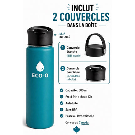 ECO-O Insulated Stainless Steel Water Bottle – 500 ml | 24h Cold / 12h Hot | Leak-Proof, BPA-Free & Dishwasher Safe | Designed in Canada