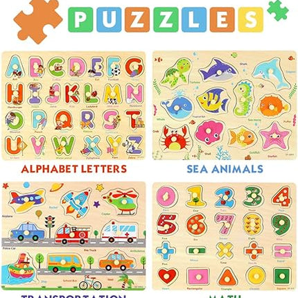 Wooden Peg Puzzles for Toddlers, Toddler Puzzles Set Letters, Numbers, Sea Animals and Vehicles 4 Pack Preschool Educational Learning Toys T77