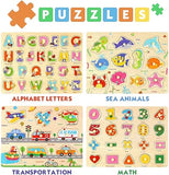 Wooden Peg Puzzles for Toddlers, Toddler Puzzles Set Letters, Numbers, Sea Animals and Vehicles 4 Pack Preschool Educational Learning Toys T77