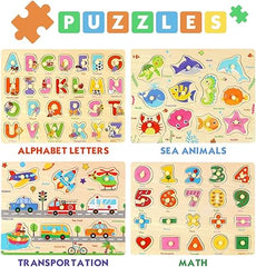 Wooden Peg Puzzles for Toddlers, Toddler Puzzles Set Letters, Numbers, Sea Animals and Vehicles 4 Pack Preschool Educational Learning Toys T77