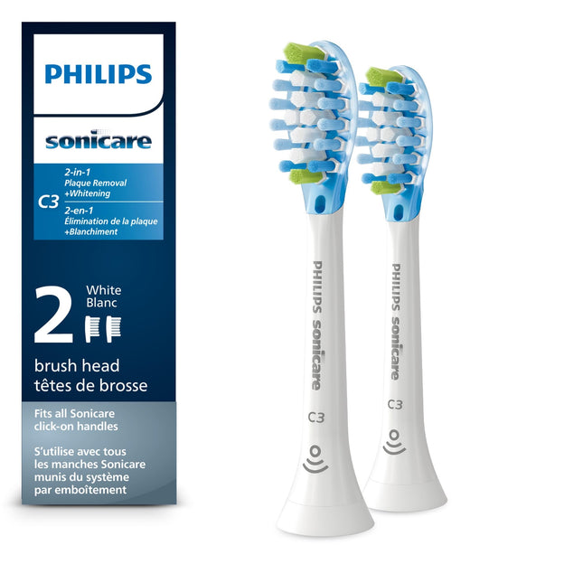 Philips Sonicare C3 2-in-1 Plaque Removal+Whitening Brush Heads, Genuine Replacement Toothbrush Heads, White, 2 Pack, HX9042/65