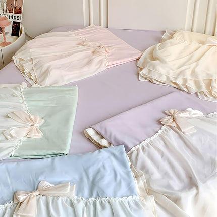 Rvciby 3PCS (1 Duvet Cover,2 Pillow Cases)  Soft Microfiber Yellow Bow Duvet Cover Bedding Set with Chiffon Lace & Cute Bows, Corner Ties & Zipper Closure