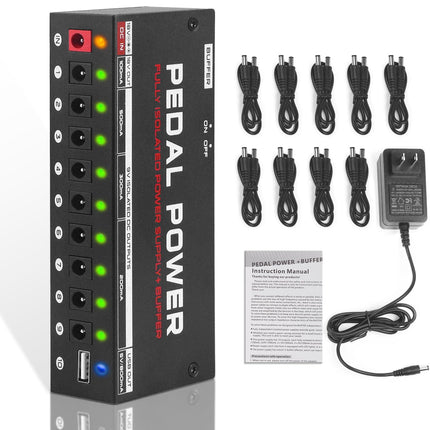 HSMOOT Pedal Power Supply Fully Isolated Guitar Pedal Power Supply 10 Independent DC Outputs for 9V/18V Guitar Bass Effect Pedal with Buffer Pedal USB Port