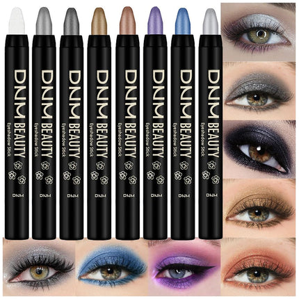 DNM 8Pcs Glitter Eye Shadow Sticks Liner Pencils Makeup, Pearl White Smokey Black Gray Silver Violet Purple Khaki Royal Blue Shimmer Glitter Eyeliner Pencil Cream Eyeshadow Palette Makeup