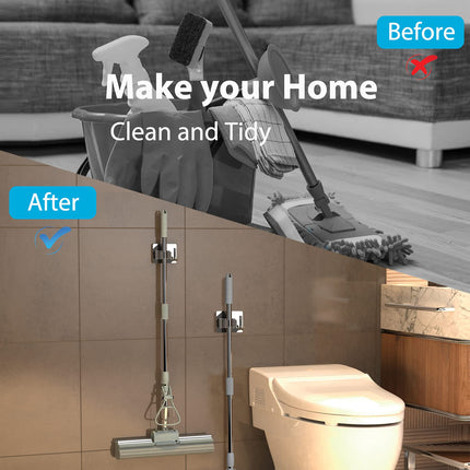 homeasy 4PCS Self Adhesive Stainless Steel Mop Broom Holder Organizer with Hooks, Grey