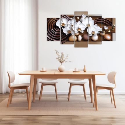 LZIMU Large Flowers Canvas Wall Art 5 Pieces White Orchid Picture Prints Abstract Floral Painting Framed Artwork for Home Bathroom Decor (Brown, 8"x14"x2 8"x18"x2 8"x22"x1)