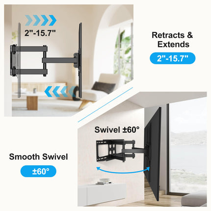 XINLEI Full Motion TV Wall Mount for 26-70 Inch LED LCD 4K Flat Curved TVs, Swivel Tilt Articulating 6-Arm Bracket, Up to 100lbs, Max VESA 400x400mm, Fits 12-16" Wood Studs, MA570
