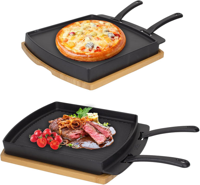 Reversible Sizzling Plate & Wooden Base for Oven,BBQ,Stove,Outdoor Cooking | Cast Iron Steak Plates with Removable Handle for Pizza Oven,BBQ,Stove top,Skillet Plates for Outdoor Cooking,Dual-Sided 14.5"X13"