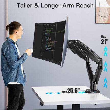 HUANUO Dual Monitor Stand - Adjustable Gaming Monitor Mount for Two 13 to 40 Inch Screens, Long Height Range, Sturdy VESA Mount with Clamp and Grommet Base, Each Arm Supports up to 26.4lbs