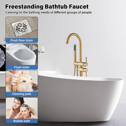 YAGATAP Freestanding Bathtub Faucet Floor Mount Tub Filler Brushed Gold High Flow Shower Faucets with Handheld Shower Mixer Taps Swivel Spout