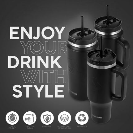 FAHRMOSIS 40oz insulated Hot n Cold Stainless Steel Tumbler with Handle and Straw, BLACK